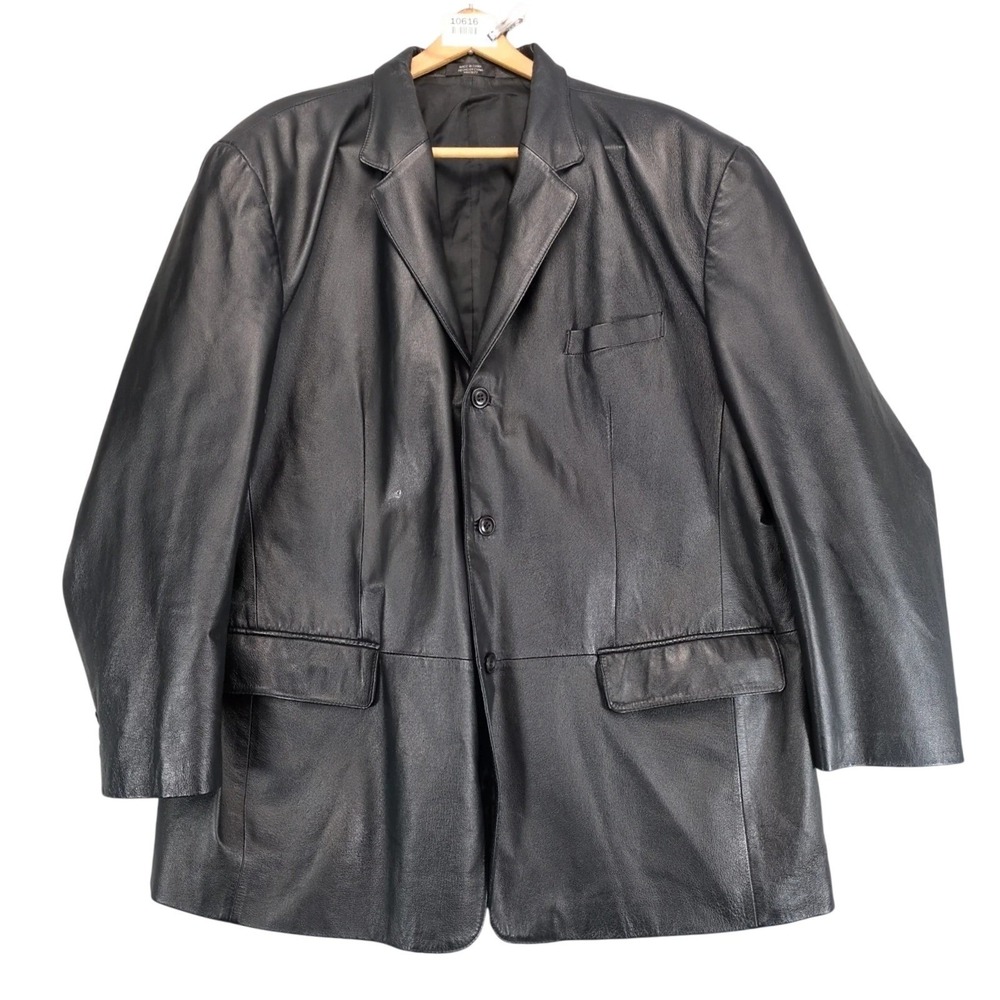 J. Ferrar Black Leather Long Blazer Jacket Mens XXL Classic Button Front Urban